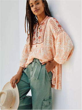 Anthropologie Claudia Embroidered Babydoll Tunic Blouse Peasant Top Boho Size XS